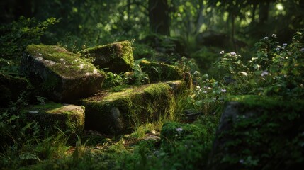 Moss-Covered Rocks in a Lush Forest Setting