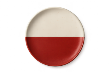 Isolated ceramic plate with cream and red design on a transparent background.