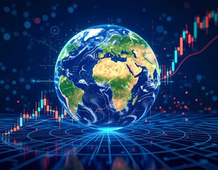 Futuristic globe hologram showing finance data, growth, technology, market trends