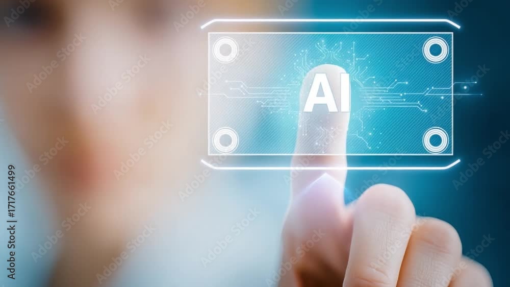 Aufkleber ai at fingertips: a futuristic image depicting a person's fingertip pressing an illuminated ai butto