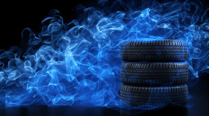 New tires pile with blue smoke on black background - 3d rendering of car tires. Auto service, Tyres stack change, Tyre shop concept .