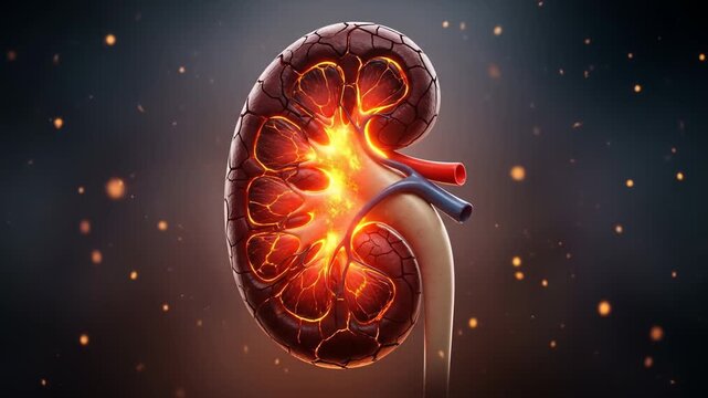 Detailed Illustration of a Human Kidney with Highlighted Internal Structures and Blood Vessels.