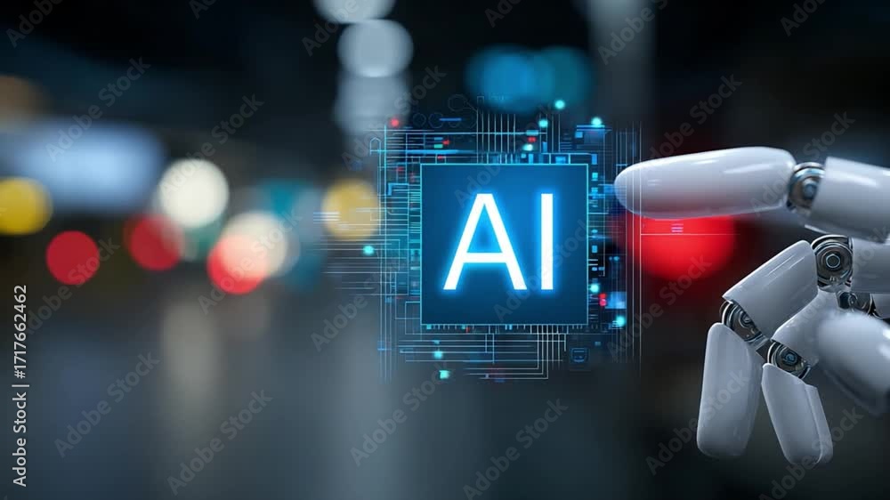 Aufkleber ai interface: a robotic hand interacts with a digital ai interface, symbolizing the future of techno