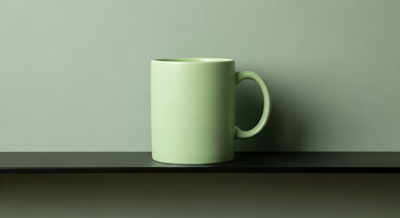 Obraz premium Green ceramic mug on black shelf with pastel wall background, minimalist coffee cup mockup for branding, packaging design and modern product presentation, AI generated image