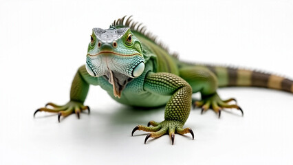Obraz premium Iguana lizard resting on a white background, showcasing its textured skin and vibrant green coloration