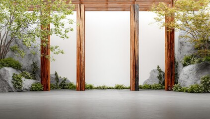 Fototapeta premium Tranquil outdoor space with wooden pillars, rocks, and greenery, showcasing a serene and minimalist design.