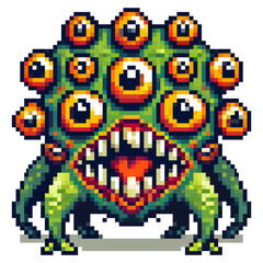 A vibrant, pixelated monster features numerous large eyes and sharp teeth, showcasing a unique design. This creature stands out with green and yellow colors, perfect for a fantasy game setting