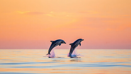 Two dolphins leap joyfully out of the ocean water during a vibrant sunset with a soft orange and pink sky