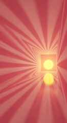A vibrant, radiant, pinkish-red interior space features a central light source, radiating outward in a dynamic, sunburst pattern.