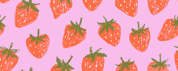 Funky strawberries seamless banner background. Crayon drawn red strawberries seamless pattern. Pop art red fruits on pink background.