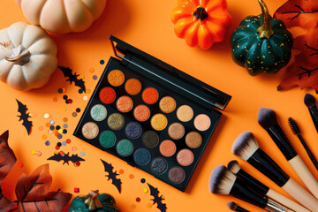Halloween themed makeup palette with vibrant eyeshadow colors, surrounded by pumpkins, makeup brushes, confetti, and autumn leaves on orange background, festive and creative