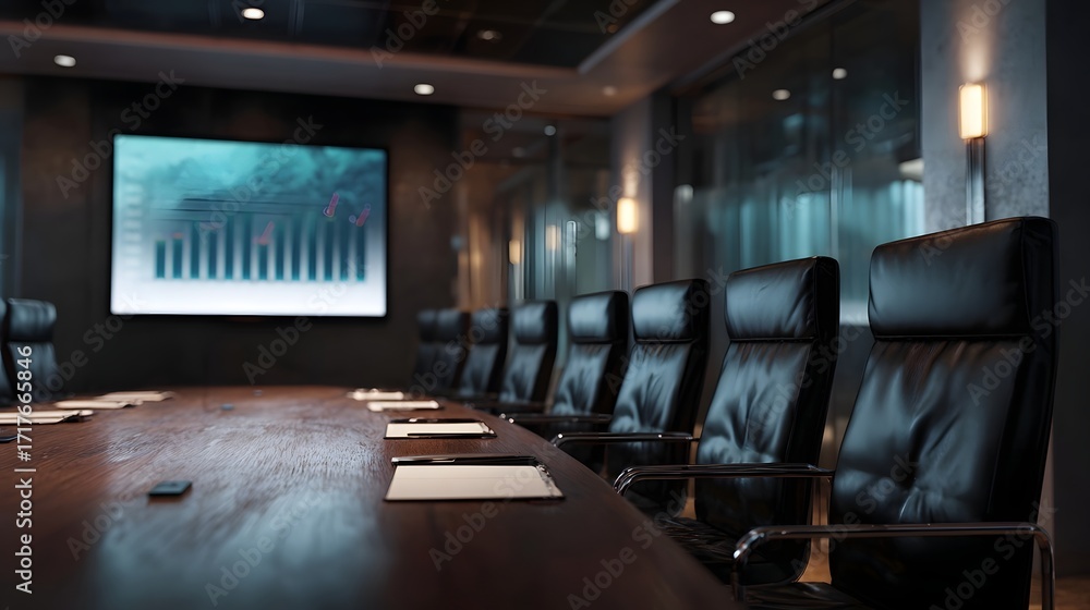 Poster empty executive boardroom with a large screen displaying a business chart