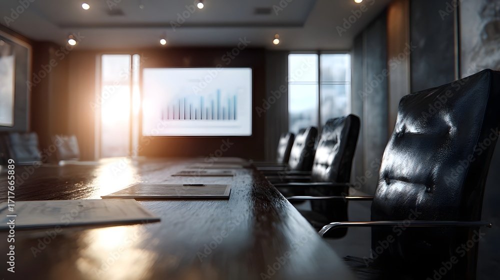 Poster modern empty boardroom with a large wooden table and screen displaying a financial graph