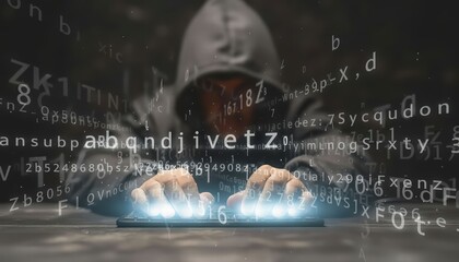 Anonymous Hooded Hacker Typing on Glowing Keyboard - Cybersecurity and Data Breach Concept.