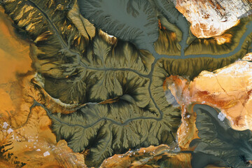 Aerial view of a big waste decanting lake, tailing pond. Mining residual waters discharged from copper mine
