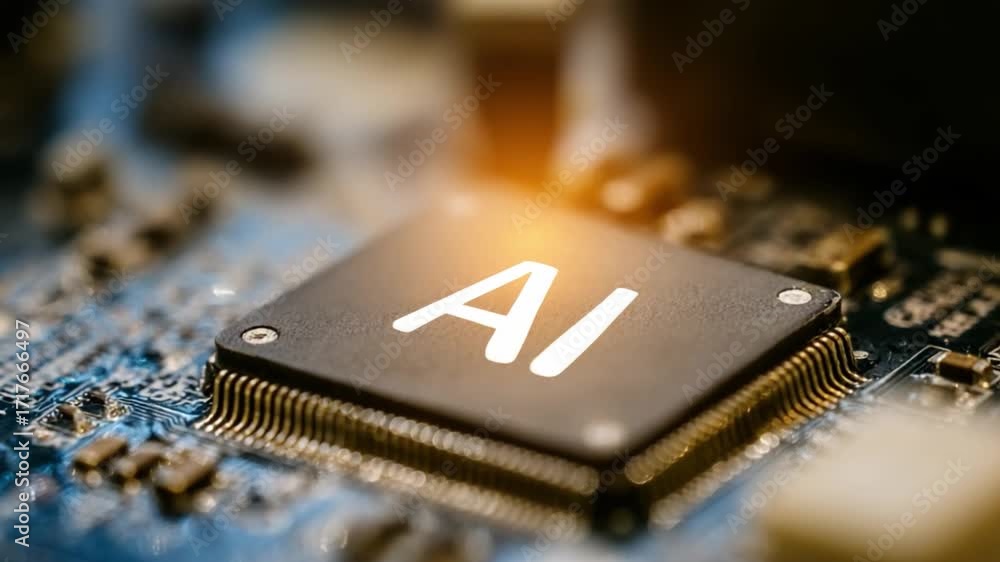 Poster ai chip on a motherboard: a close-up view showcases the intricate detail of an ai chip nestled on a 