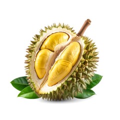 Naklejka premium Fresh durian with leaf isolated on white background, Durian fruit isolated on white background With clipping path.