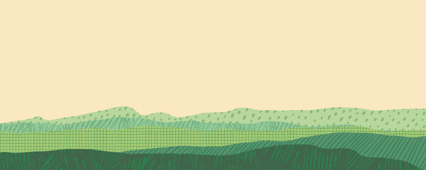 Obraz na płótnie Canvas Collage farm field agriculture background. Oriental banner with patterns and hand drawn crayon textures. Ecology agro landscape with layers. Farmland landscape vector background.