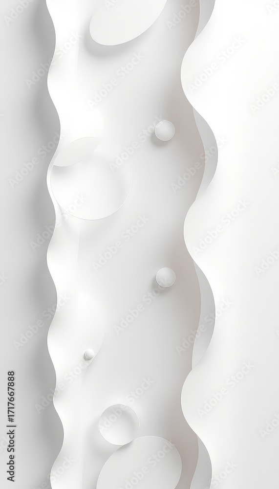 Poster delicate paper art, softly textured, with minimalist curves and spherical shapes conveying calmness 
