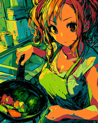 料理を楽しむ女性のカラフルなイラスト