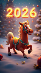 Playful 3D New Year horse character cheerfully galloping with multicolored bell harness. New Year fiery horse 2026 for Christmas holidays.