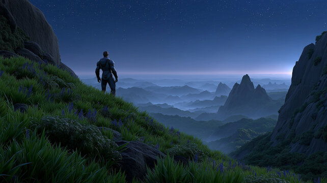 Cinematic digital artwork showing astronaut-like man on surreal extraterrestrial world, surrounded by radiant moss, luminous plants, and dramatic cosmic background symbolizing exploration, science fic