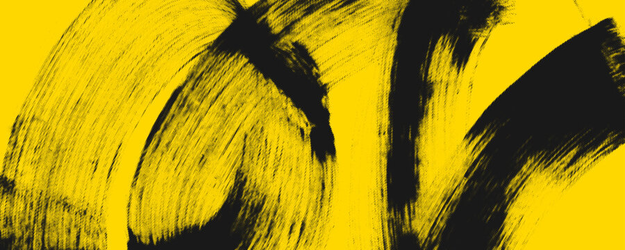 Black yellow spiral halftone banner design background. Grunge street art texture with halftone effect. Hand drawn bold spiral brush strokes.