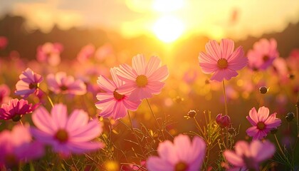 Radiant Pink Cosmos Field at Golden Hour with Sunlit Horizon Pixelated Impression