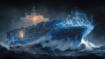 naval battleship in stormy ocean with glowing blue energy effects digital art illustration