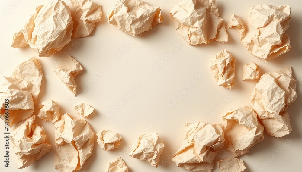 Poster scrumpled cream paper balls forming a frame around a light, neutral surface creating space for text 
