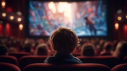 Boy watching a vibrant animated movie in a crowded cinema with red seats and dimmed lights, concept for family entertainment, cinematic experience and leisure activity