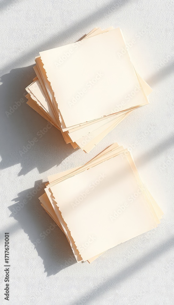 Poster two stacks of textured cream paper on a white surface with light and shadow create a simple, elegant