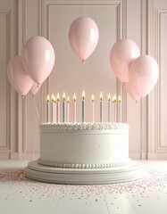 cartoon birthday cake illustration with colorful candles and flying confetti