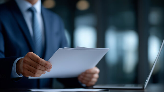 Dynamic office illustration of businessman in suit transferring file folder to higher management colleague shown only by blurred hand, daylight filtering through blinds emphasizing teamwork and corpor
