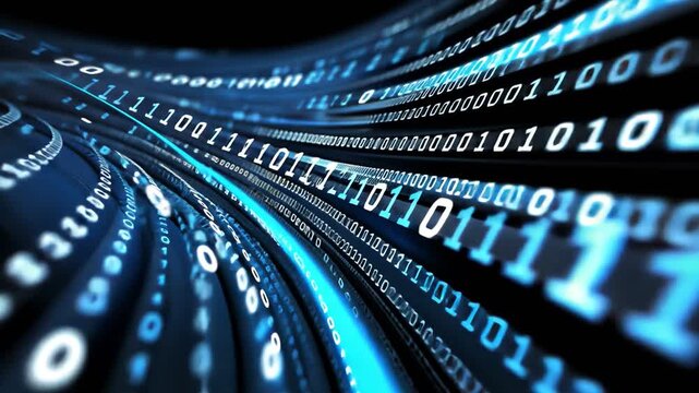 A stunning visual representation of digital data streams, showcasing flowing binary code against a dark background, symbolizing the power and speed of modern technology.