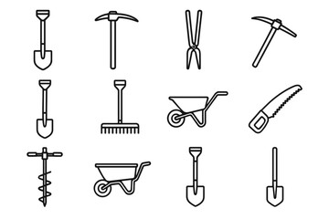 Obraz premium Hoe icons vector icon digger cart wheelbarrow tool garden pruning heavy shovel