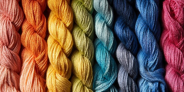 Macro shot showcasing rows of colorful twisted embroidery floss with varying hues. Concept for textile design, handicraft projects and art supplies presentations