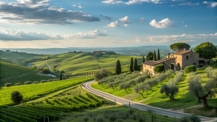 Fototapeta premium Aerial view of a beautiful tuscan landscape with rolling hills vineyards and a farmhouse under a cloudy sky