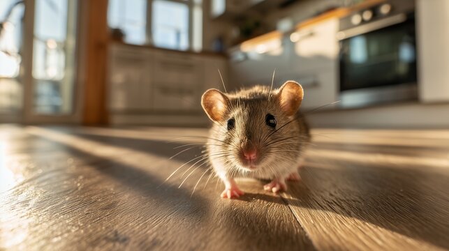 A curious brown house mouse stands on a wooden floor, kitchen in the background. Concept for pest control service, household hygiene and rodent infestation awareness
