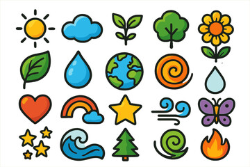 Nature icon set. Collection of colorful cartoon symbols. Sun, cloud, tree, flower, leaf, water drop, earth, wind, fire, heart, star, rainbow. Vector weather and ecology.
