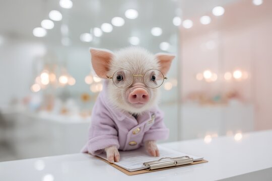 An adorable miniature pig wearing glasses and a jacket attentively reviews documents on a clipboard in a bright, clean, modern office setting, perfect for creative design