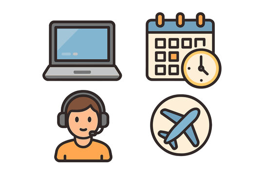 Business icon set for travel agency, customer support. Vector icons of laptop, calendar, scheduling, airplane. Online booking and communication concept cartoon illustration.