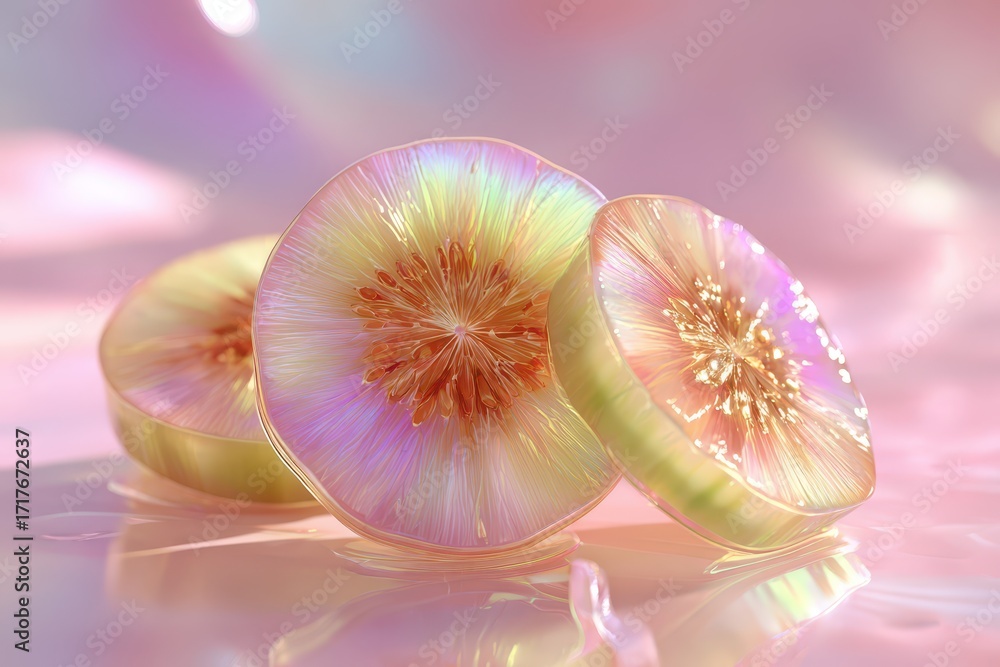 Poster three translucent disks with radial patterns shimmer on a pink reflective surface, showcasing an eth