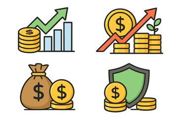 Financial growth and investment security icon set. Vector concepts of money savings, profit, wealth protection. Finance chart, money bag, coins and shield illustration.
