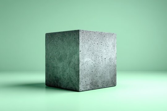 Minimalist composition featuring a textured concrete cube against a green backdrop, creating a clean and modern aesthetic with a sense of solidity and simplicity.