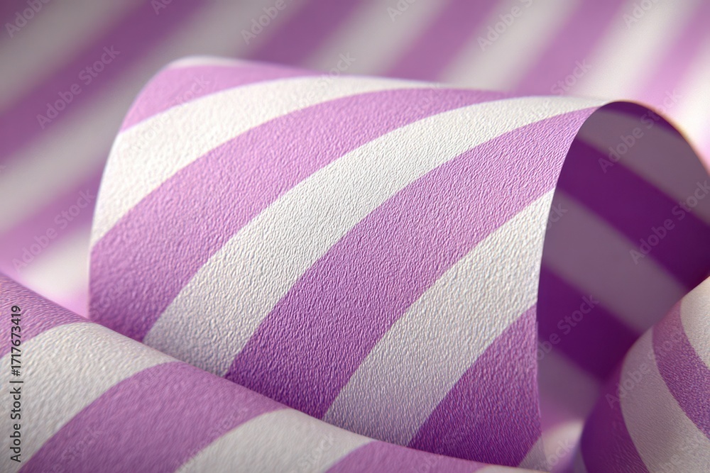 Poster abstract close-up of rolled textured paper in lilac and white stripes, showcasing the pattern and su
