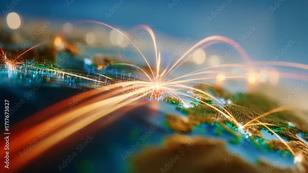 Poster global connection: a vibrant depiction of global interconnectedness, where light streams radiate fro