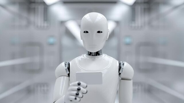 Futuristic humanoid robot holding keycard modern white corridor with reflective surface showcasing artificial intelligence