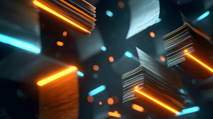 Dynamic futuristic digital data transfer concept with glowing blue and orange neon lights, floating holographic documents and abstract technology elements on dark background. High-resolution illustrat