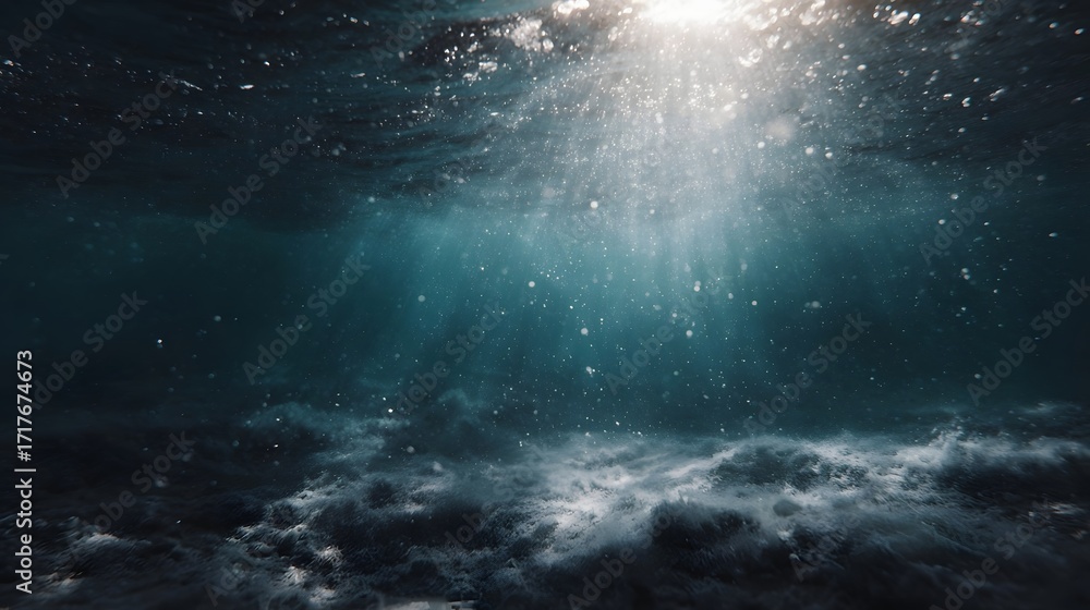 Poster sunlight rays stream through ocean surface illuminating bubbles